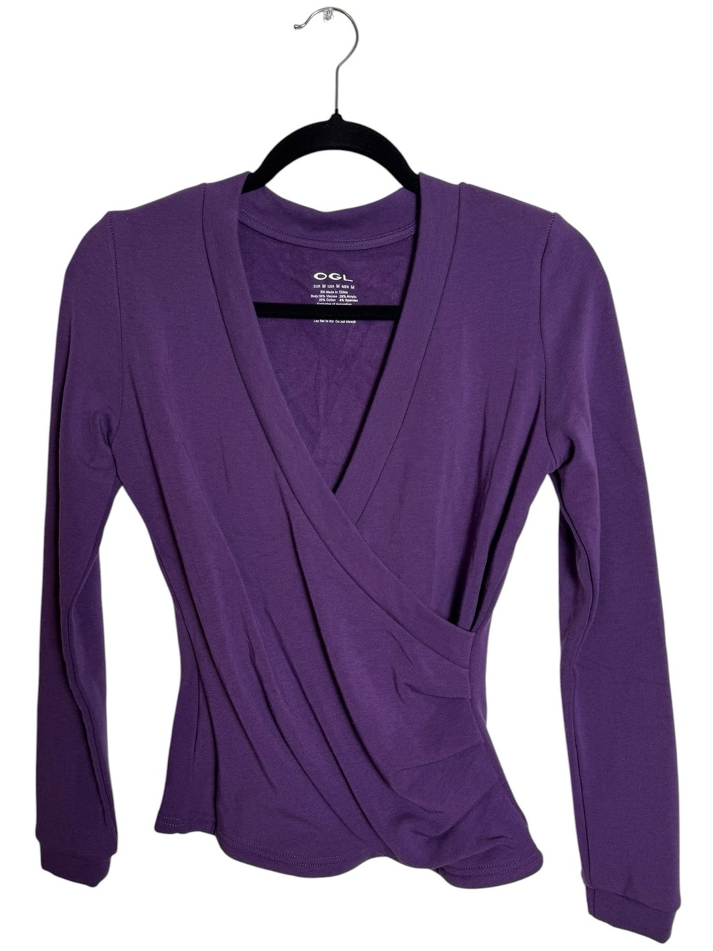 OGL Eco-Mousse Surplice Crossover Wrap Long Sleeve Top Purple M